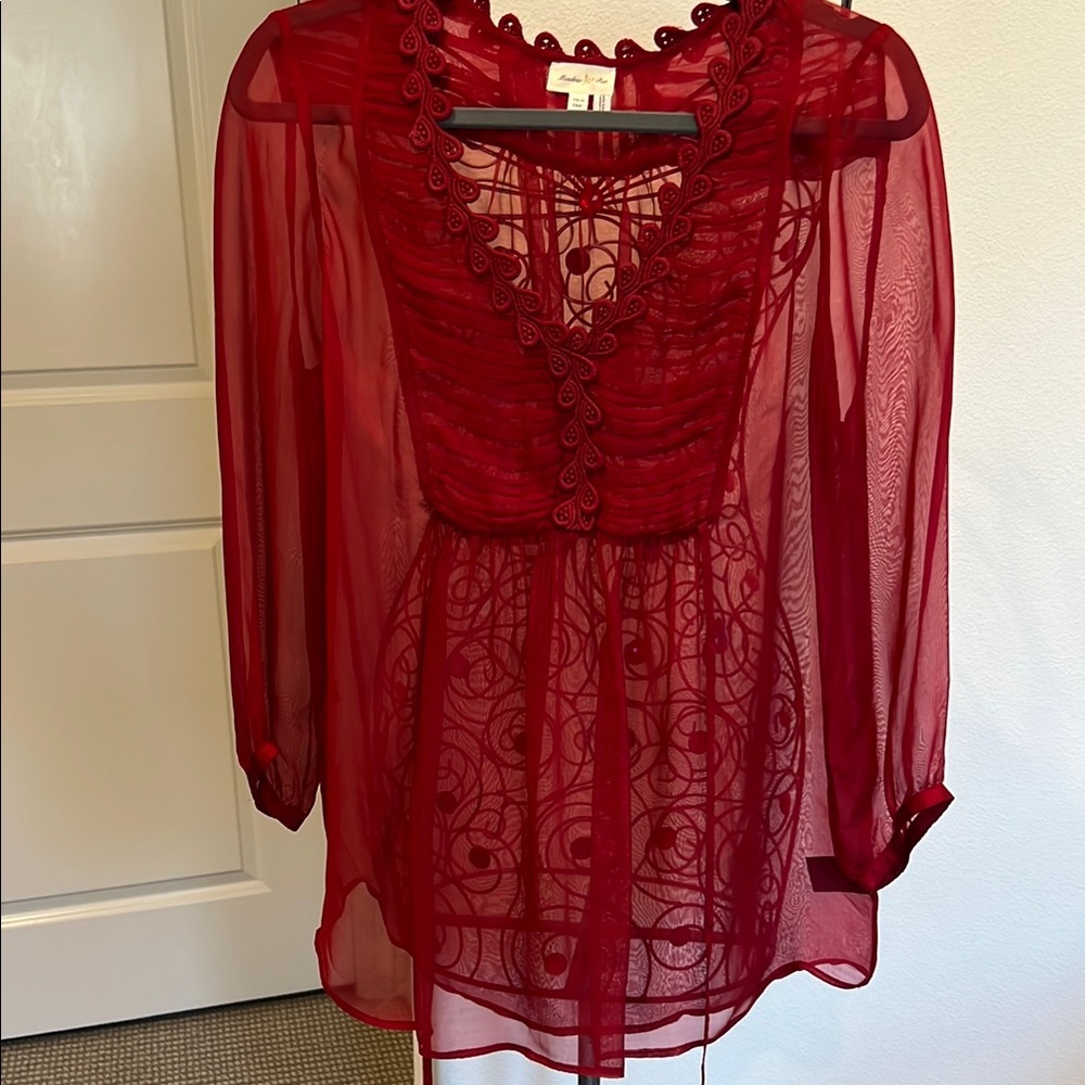 Meadow Rue Sheer Lace-Detail Burgundy Red Blouse